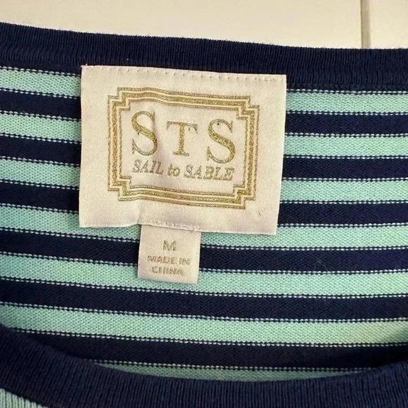 Sail to Sable STS Navy and Aqua Striped Bell Sleeve Sweater Dress M - Picture 2 of 11